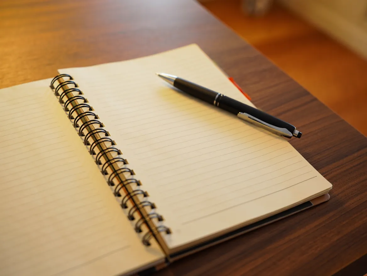 An open notebook with a pen resting on a clean desk surface